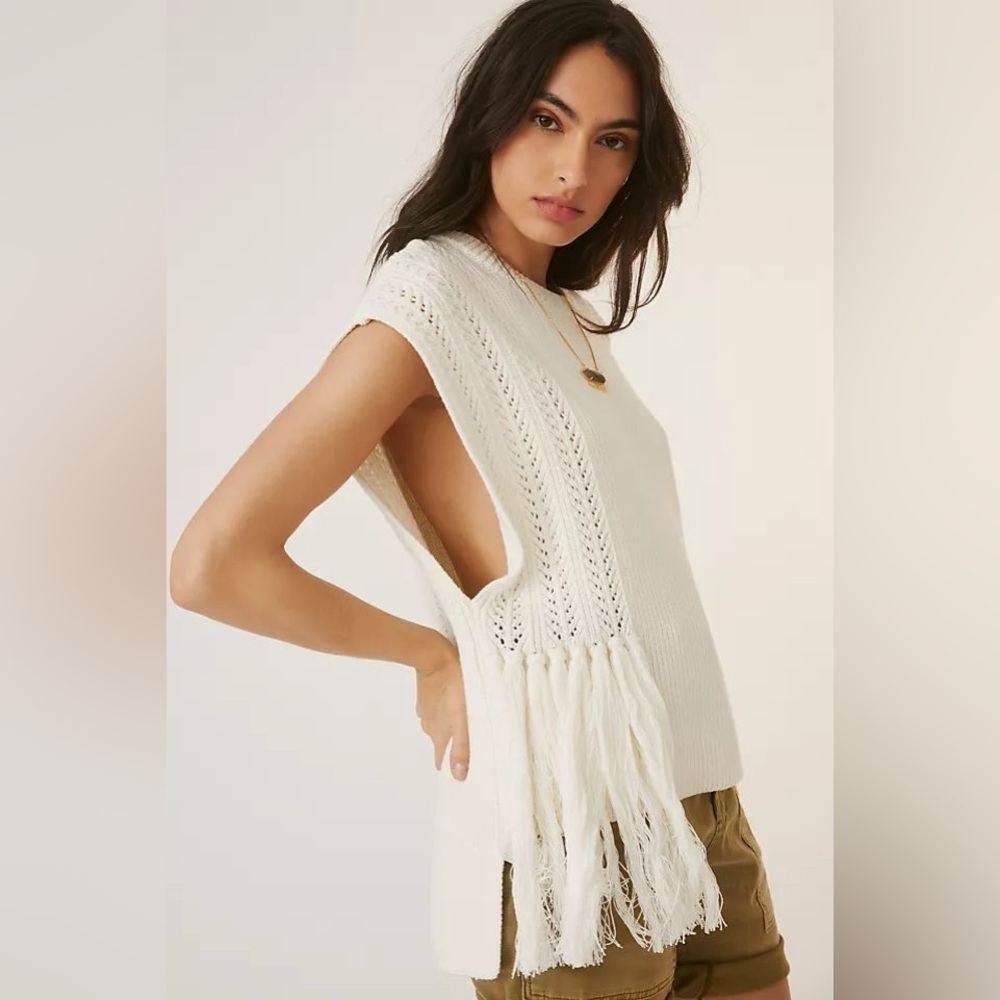 Anthropologie Fringed Sweater Vest Cream One Size